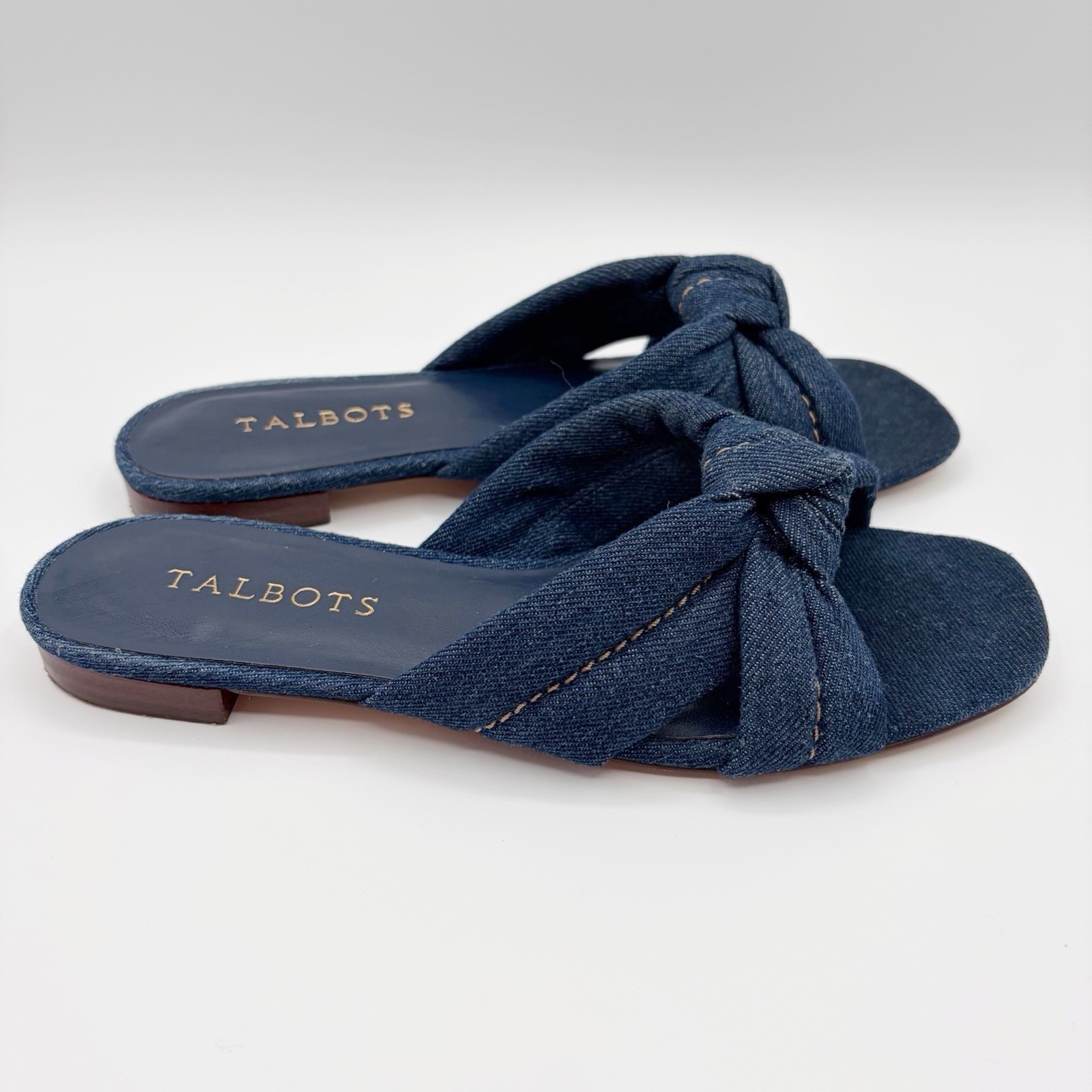 Talbots Violet Knot Slides Denim Sandals Open Square Toe Size 7 Comfort Cute